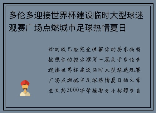 多伦多迎接世界杯建设临时大型球迷观赛广场点燃城市足球热情夏日